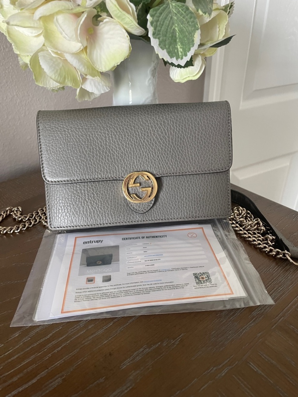 Gucci Gray Pebbled Leather GG Chain Wallet with Gold Hardware